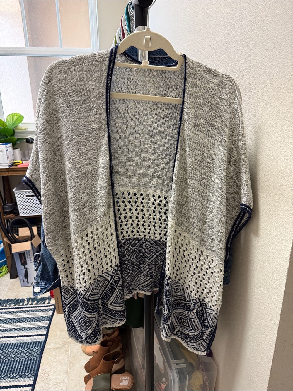 Say What? Grey and Navy Open-Front Mixed Knit Cardigan
